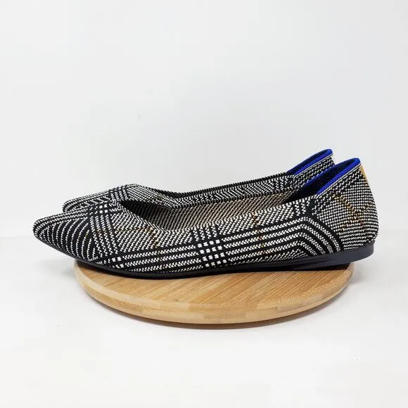 Rothys The Point II Flats Womens 11 Pointed Toe Black White Glen Plaid Shoes