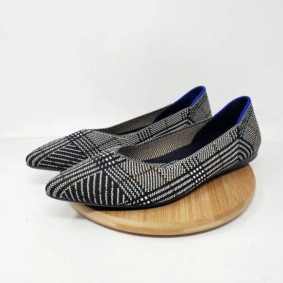 Rothys The Point II Flats Womens 11 Pointed Toe Black White Glen Plaid Shoes