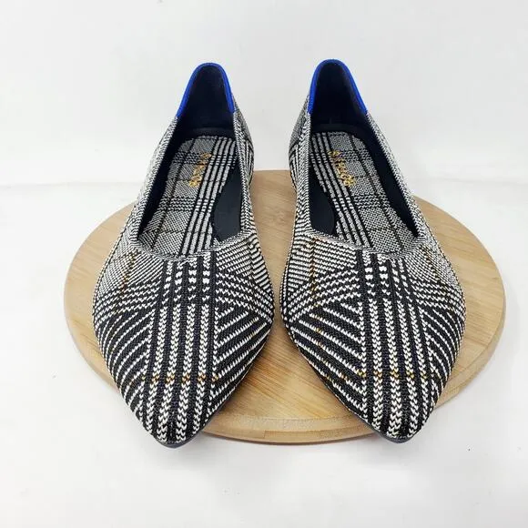 Rothys The Point II Flats Womens 11 Pointed Toe Black White Glen Plaid Shoes