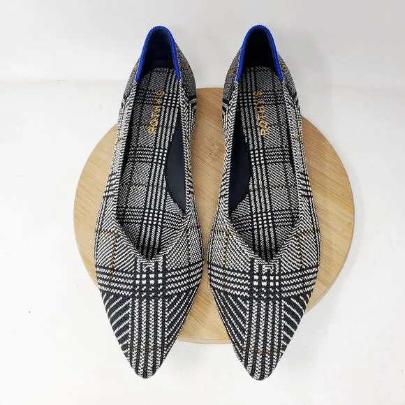 Rothys The Point II Flats Womens 11 Pointed Toe Black White Glen Plaid Shoes