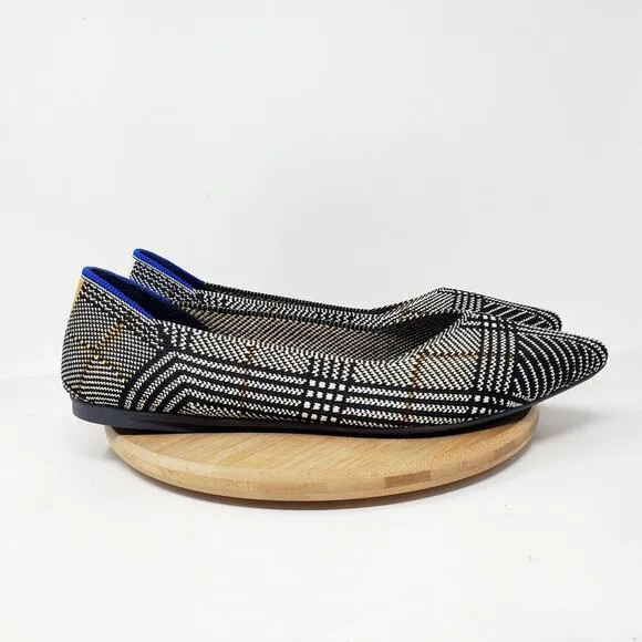 Rothys The Point II Flats Womens 11 Pointed Toe Black White Glen Plaid Shoes