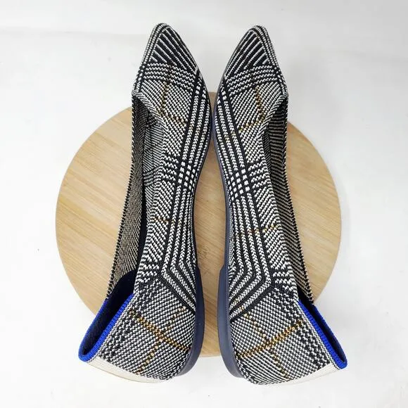 Rothys The Point II Flats Womens 11 Pointed Toe Black White Glen Plaid Shoes