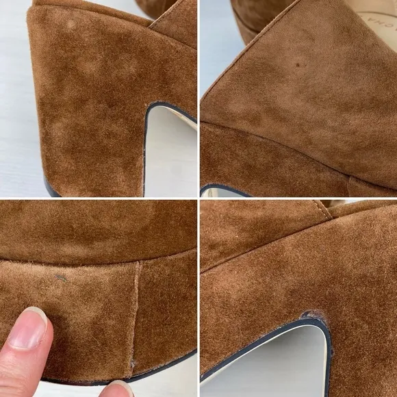 Sacha London Ima Brown Suede Platform Sandals Size 10 Chunky Heels Side Cut-Outs