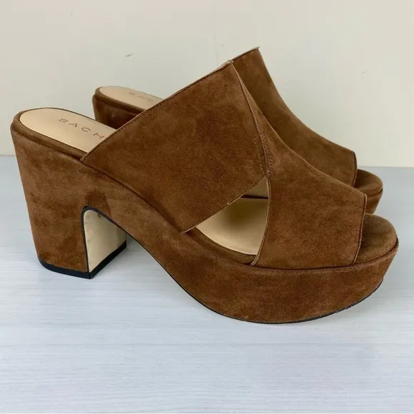 Sacha London Ima Brown Suede Platform Sandals Size 10 Chunky Heels Side Cut-Outs