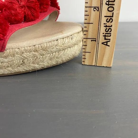 Saks Fifth Avenue Espadrille Wedge Sandals 7.5 Red Pom Pom Leather Ankle Strap