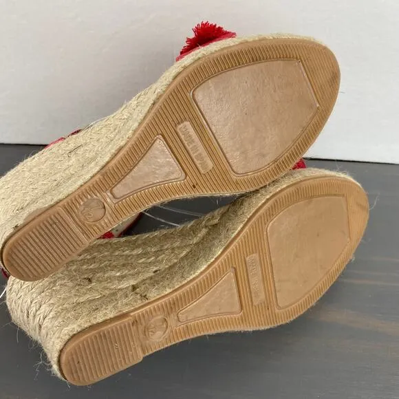 Saks Fifth Avenue Espadrille Wedge Sandals 7.5 Red Pom Pom Leather Ankle Strap