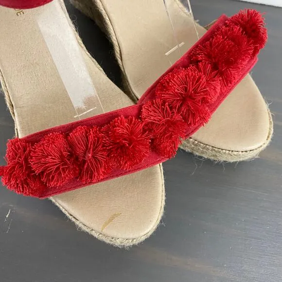 Saks Fifth Avenue Espadrille Wedge Sandals 7.5 Red Pom Pom Leather Ankle Strap