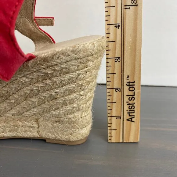 Saks Fifth Avenue Espadrille Wedge Sandals 7.5 Red Pom Pom Leather Ankle Strap