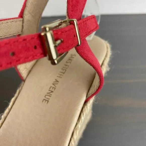 Saks Fifth Avenue Espadrille Wedge Sandals 7.5 Red Pom Pom Leather Ankle Strap