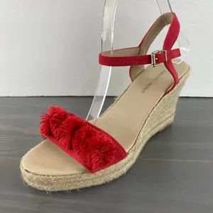 Saks Fifth Avenue Espadrille Wedge Sandals 7.5 Red Pom Pom Leather Ankle Strap