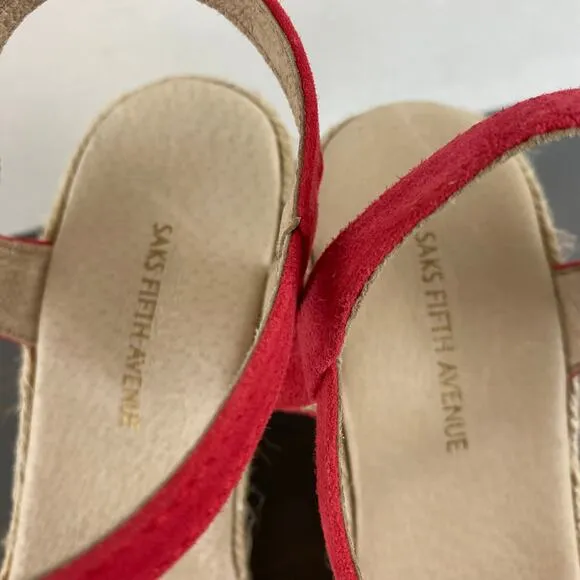 Saks Fifth Avenue Espadrille Wedge Sandals 7.5 Red Pom Pom Leather Ankle Strap