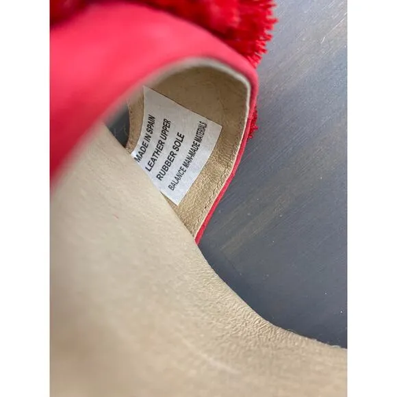 Saks Fifth Avenue Espadrille Wedge Sandals 7.5 Red Pom Pom Leather Ankle Strap
