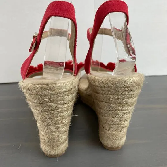Saks Fifth Avenue Espadrille Wedge Sandals 7.5 Red Pom Pom Leather Ankle Strap