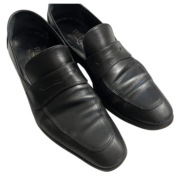 Salvatore Ferragamo Black Leather Slip-On Mens Penny Loafers size 8.5