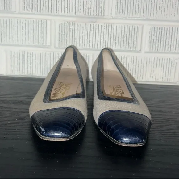 SALVATORE FERRAGAMO Canvas Elegant Navy Leather and Women's Kitten Heel