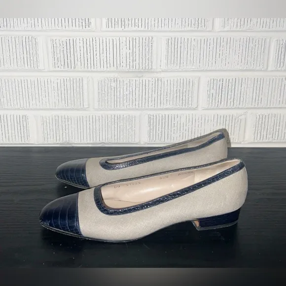 SALVATORE FERRAGAMO Canvas Elegant Navy Leather and Women's Kitten Heel