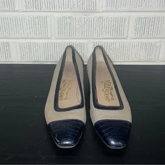 SALVATORE FERRAGAMO Canvas Elegant Navy Leather and Women's Kitten Heel