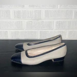 SALVATORE FERRAGAMO Canvas Elegant Navy Leather and Women's Kitten Heel