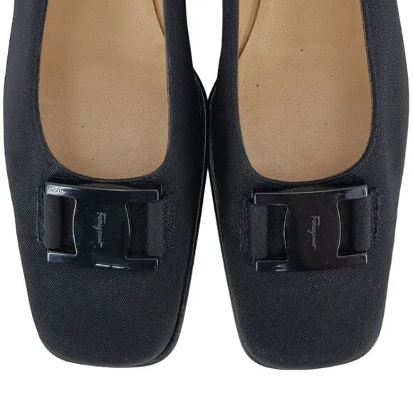 Salvatore Ferragamo Italy Black Fabric Formal Dress Shoes Women 8AA Buckle Pumps
