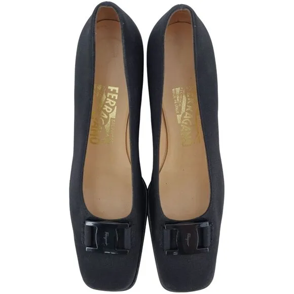 Salvatore Ferragamo Italy Black Fabric Formal Dress Shoes Women 8AA Buckle Pumps
