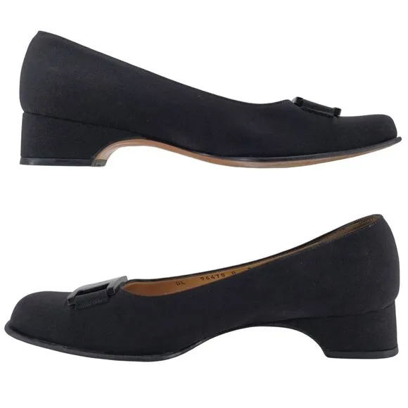 Salvatore Ferragamo Italy Black Fabric Formal Dress Shoes Women 8AA Buckle Pumps
