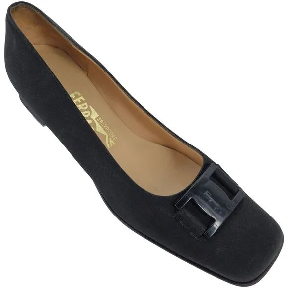 Salvatore Ferragamo Italy Black Fabric Formal Dress Shoes Women 8AA Buckle Pumps