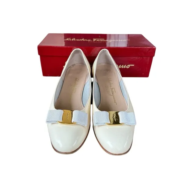 SALVATORE FERRAGAMO Lillaz Leather Ballet Pump 9B Bow Shoes White