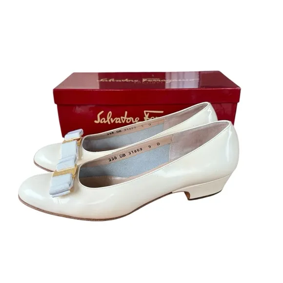 SALVATORE FERRAGAMO Lillaz Leather Ballet Pump 9B Bow Shoes White