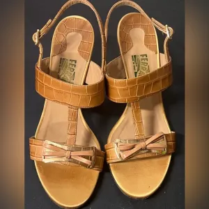 Salvatore Ferragamo Tan and Gold Bow Accent Sandals