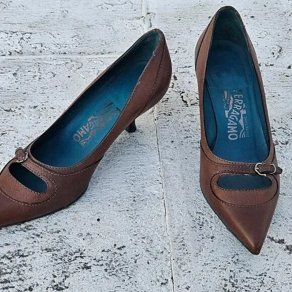 Salvatore Ferragamo Women Heel Pump Shoes Brown Leather Upper Made in Italy 4.5D