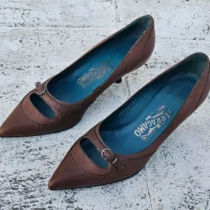 Salvatore Ferragamo Women Heel Pump Shoes Brown Leather Upper Made in Italy 4.5D