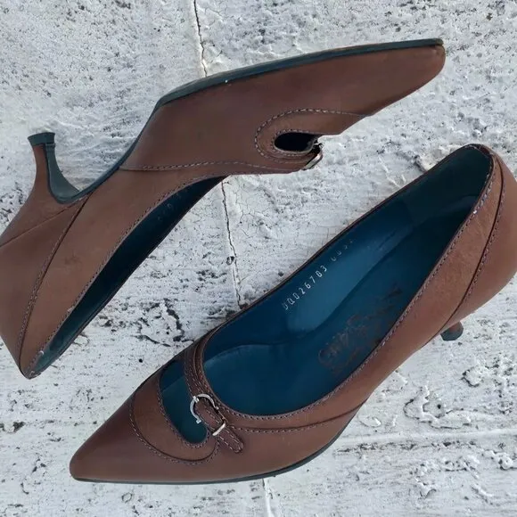 Salvatore Ferragamo Women Heel Pump Shoes Brown Leather Upper Made in Italy 4.5D