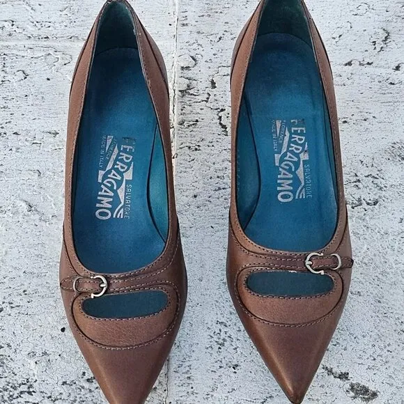 Salvatore Ferragamo Women Heel Pump Shoes Brown Leather Upper Made in Italy 4.5D