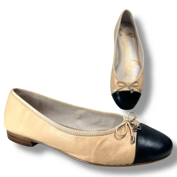 Sam Edelman Sara Nude Ballet Flats – Cap Toe, Stacked Heel, Coquette Girl,Size 7