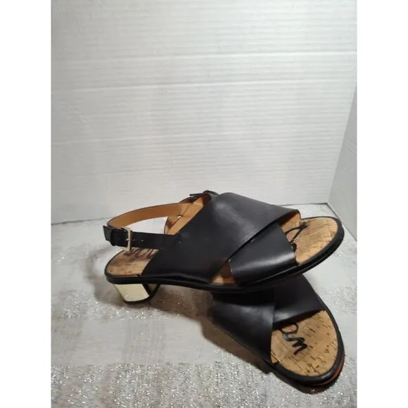Sam Edelman Torin Black Leather Gold Heeled Slingback Sandals Size 7.5M EUC!