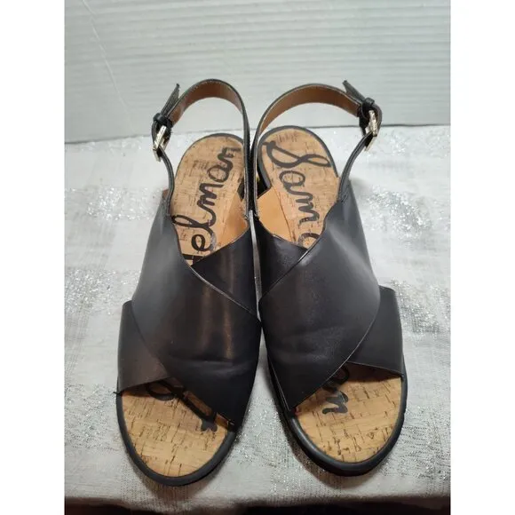 Sam Edelman Torin Black Leather Gold Heeled Slingback Sandals Size 7.5M EUC!