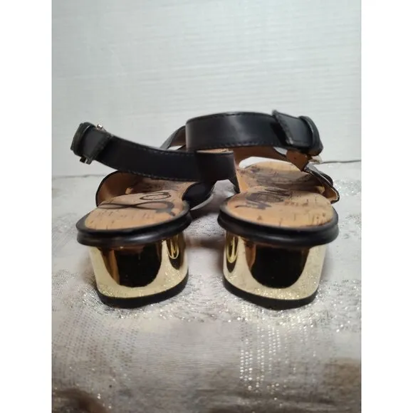 Sam Edelman Torin Black Leather Gold Heeled Slingback Sandals Size 7.5M EUC!