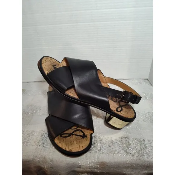 Sam Edelman Torin Black Leather Gold Heeled Slingback Sandals Size 7.5M EUC!