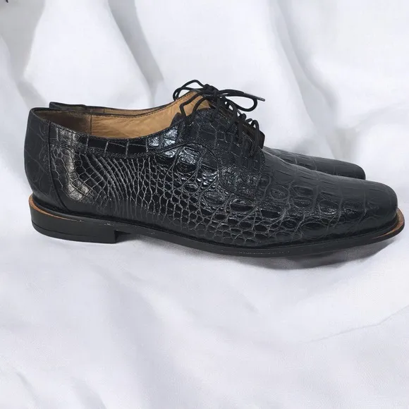 Santos Leather Dress Shoes Crocodile Embossed Lace Up Oxfords Black, Men Size 12