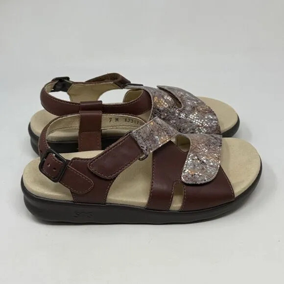 SAS Huggy Sandals Womens 7 M Brown Leather Snakeskin Ankle Strap Comfort Casual