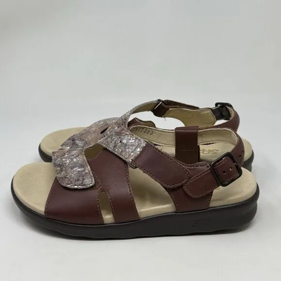 SAS Huggy Sandals Womens 7 M Brown Leather Snakeskin Ankle Strap Comfort Casual