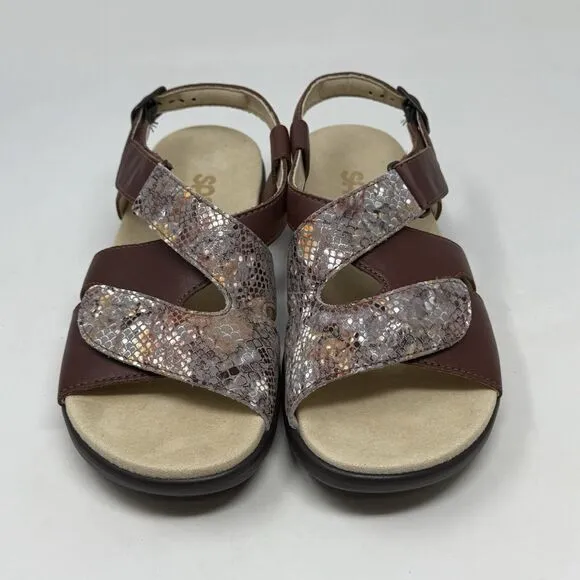 SAS Huggy Sandals Womens 7 M Brown Leather Snakeskin Ankle Strap Comfort Casual