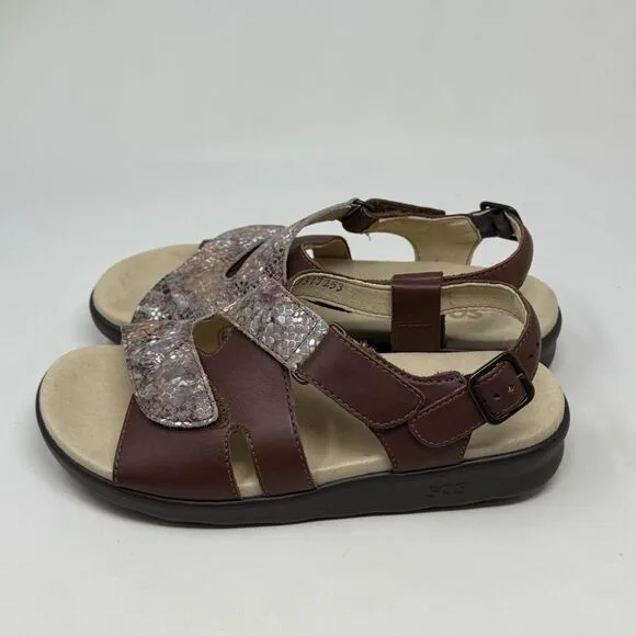 SAS Huggy Sandals Womens 7 M Brown Leather Snakeskin Ankle Strap Comfort Casual