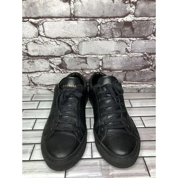 Satoshi Black Leather Lace Up Casual Portugal Sneakers Shoes Men Sz 43EU/10M US