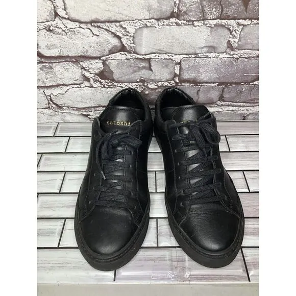 Satoshi Black Leather Lace Up Casual Portugal Sneakers Shoes Men Sz 43EU/10M US
