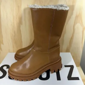 Schutz Brown Leather Platform Winter Boots Women’s Size 5 New in Box