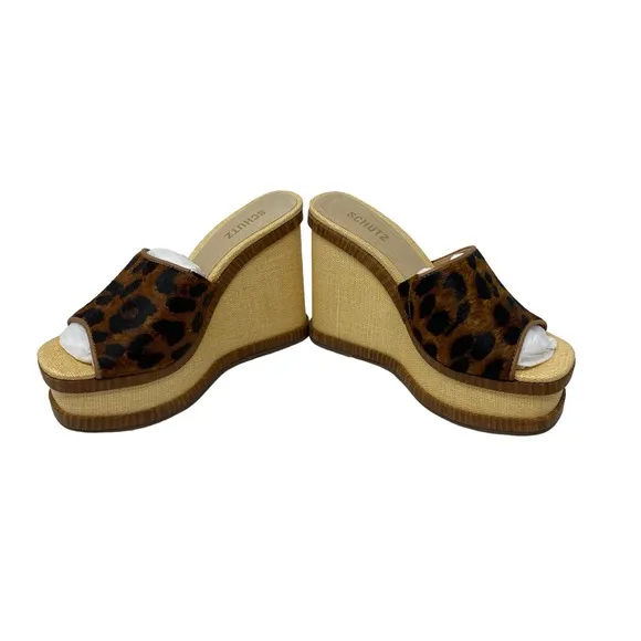 Schutz Dalle Platform Wedge Sandals 9 Wild Leopard Print Open Toe Slip On Casual