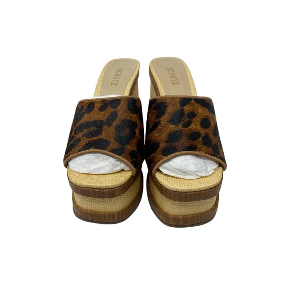 Schutz Dalle Platform Wedge Sandals 9 Wild Leopard Print Open Toe Slip On Casual