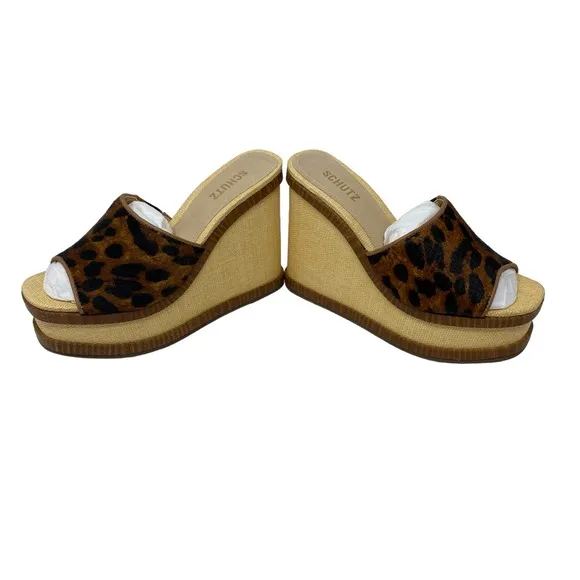 Schutz Dalle Platform Wedge Sandals 9 Wild Leopard Print Open Toe Slip On Casual
