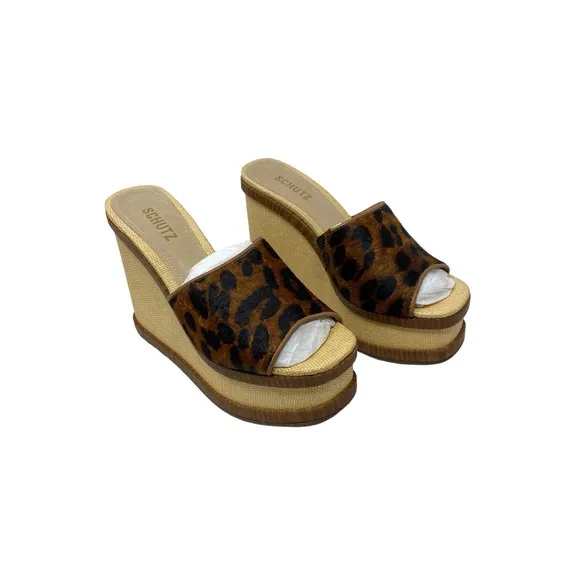 Schutz Dalle Platform Wedge Sandals 9 Wild Leopard Print Open Toe Slip On Casual
